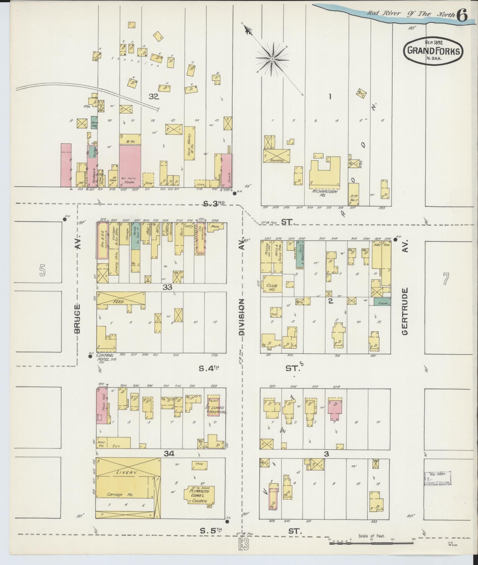 Sanborn Fire Insurance Map from Grand Forks, Grand Forks County, North Dakota (1892), Sheet #0006 - Historic Sanborn Fire Insurance Map Print, vintage old map wall art, antique decor, genealogy gift, North Dakota North Dakota map
