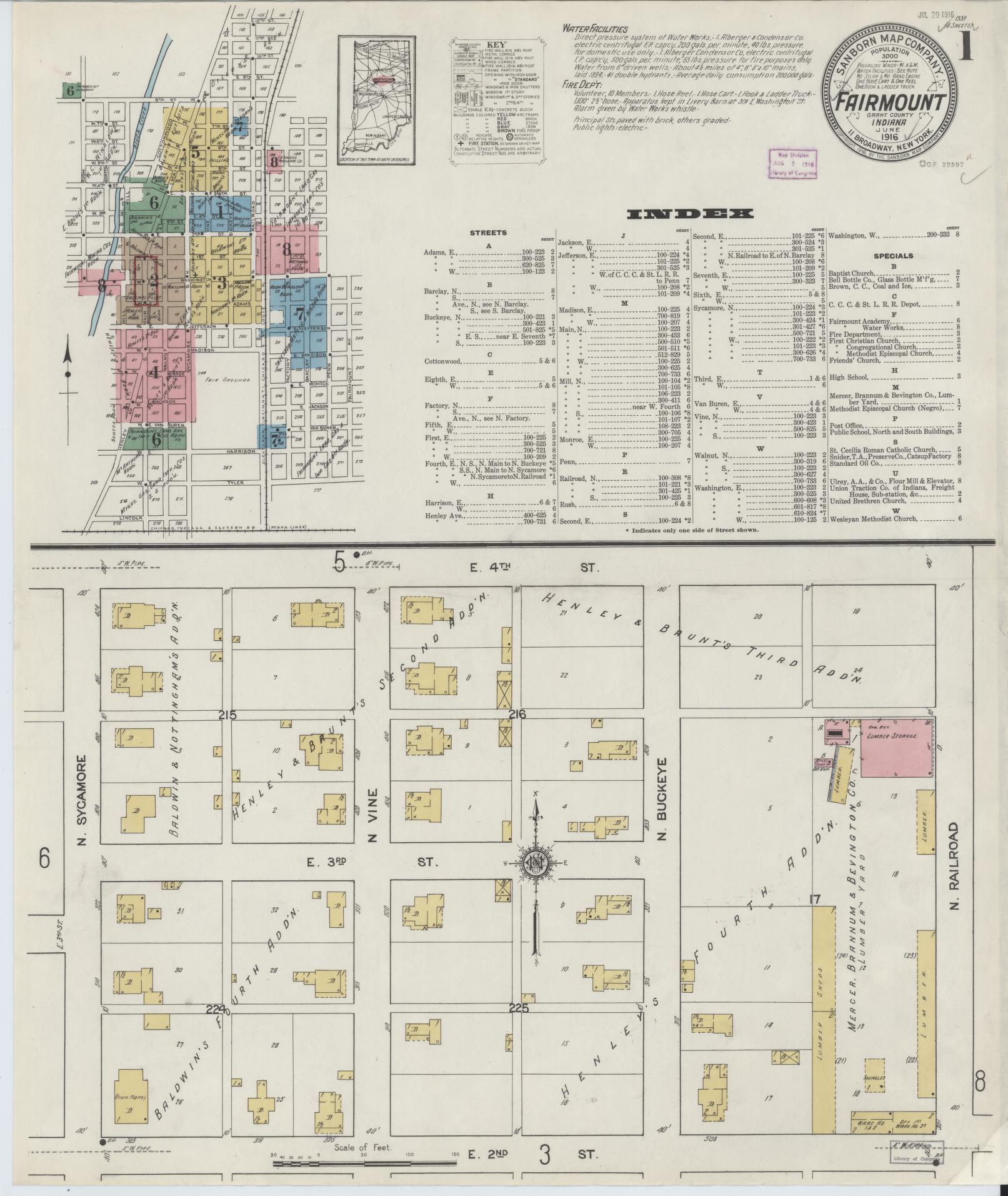 Sanborn Fire Insurance Map from Fairmount, Grant County, Indiana (1916), Sheet #0001 - Complete Map Set gallery image, historic Sanborn map, vintage wall art, Indiana Indiana