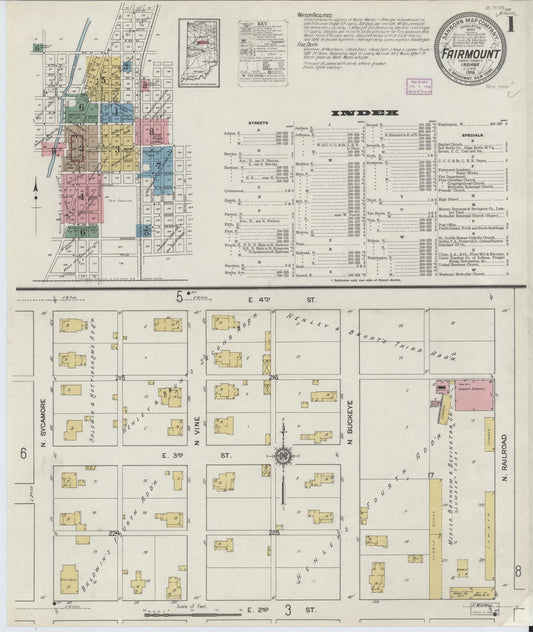 Sanborn Fire Insurance Map from Fairmount, Grant County, Indiana (1916), Sheet #0001 - Complete Map Set gallery image, historic Sanborn map, vintage wall art, Indiana Indiana