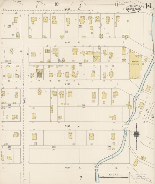 Sanborn Fire Insurance Map from Grants Pass, Josephine County, Oregon (1911), Sheet #0014 - Historic Sanborn Fire Insurance Map Print, vintage old map wall art, antique decor, genealogy gift, Oregon Oregon map