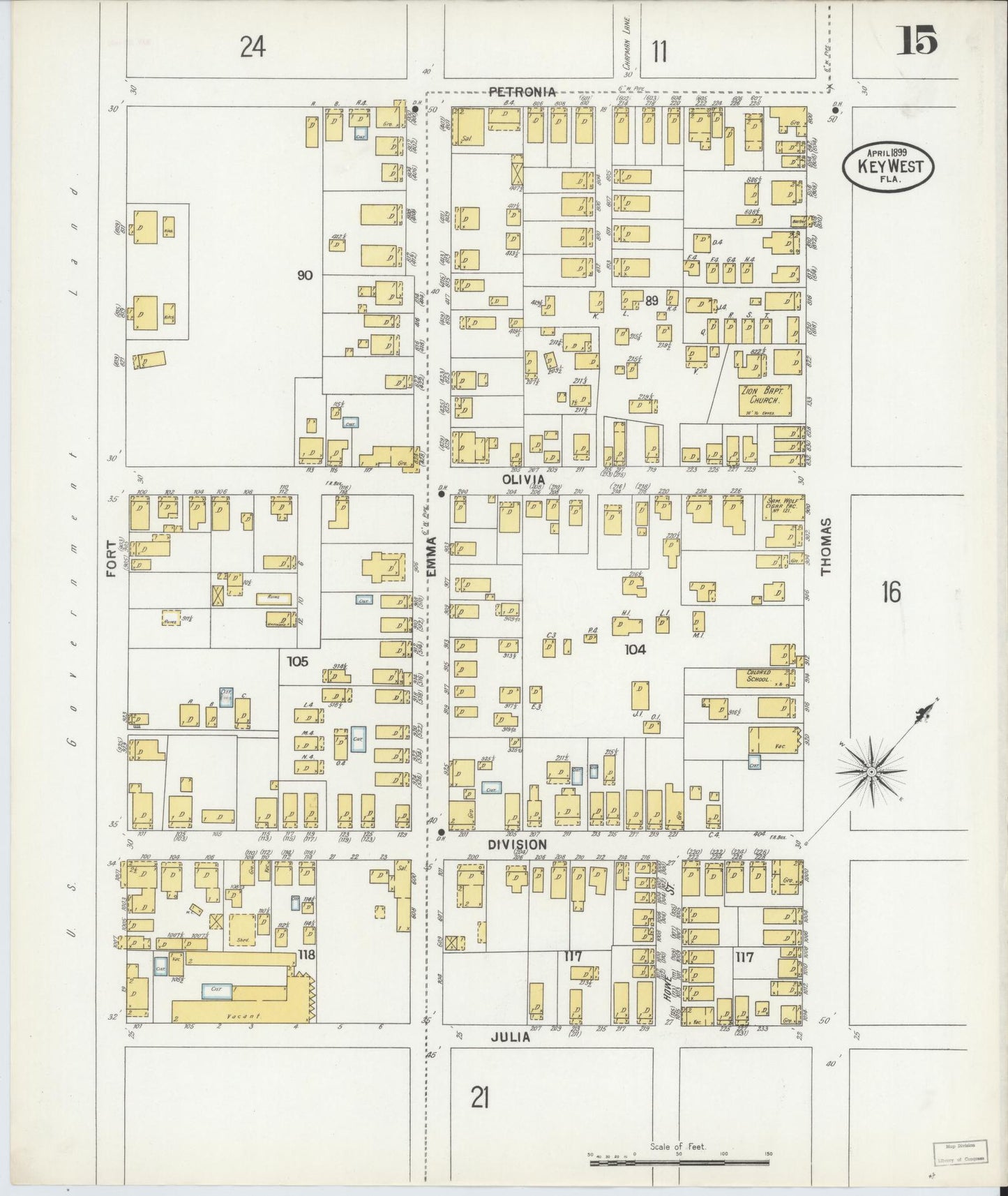 Sanborn Fire Insurance Map from Key West, Monroe County, Florida (1899), Sheet #0015 - Complete Map Set gallery image, historic Sanborn map, vintage wall art, Florida Florida