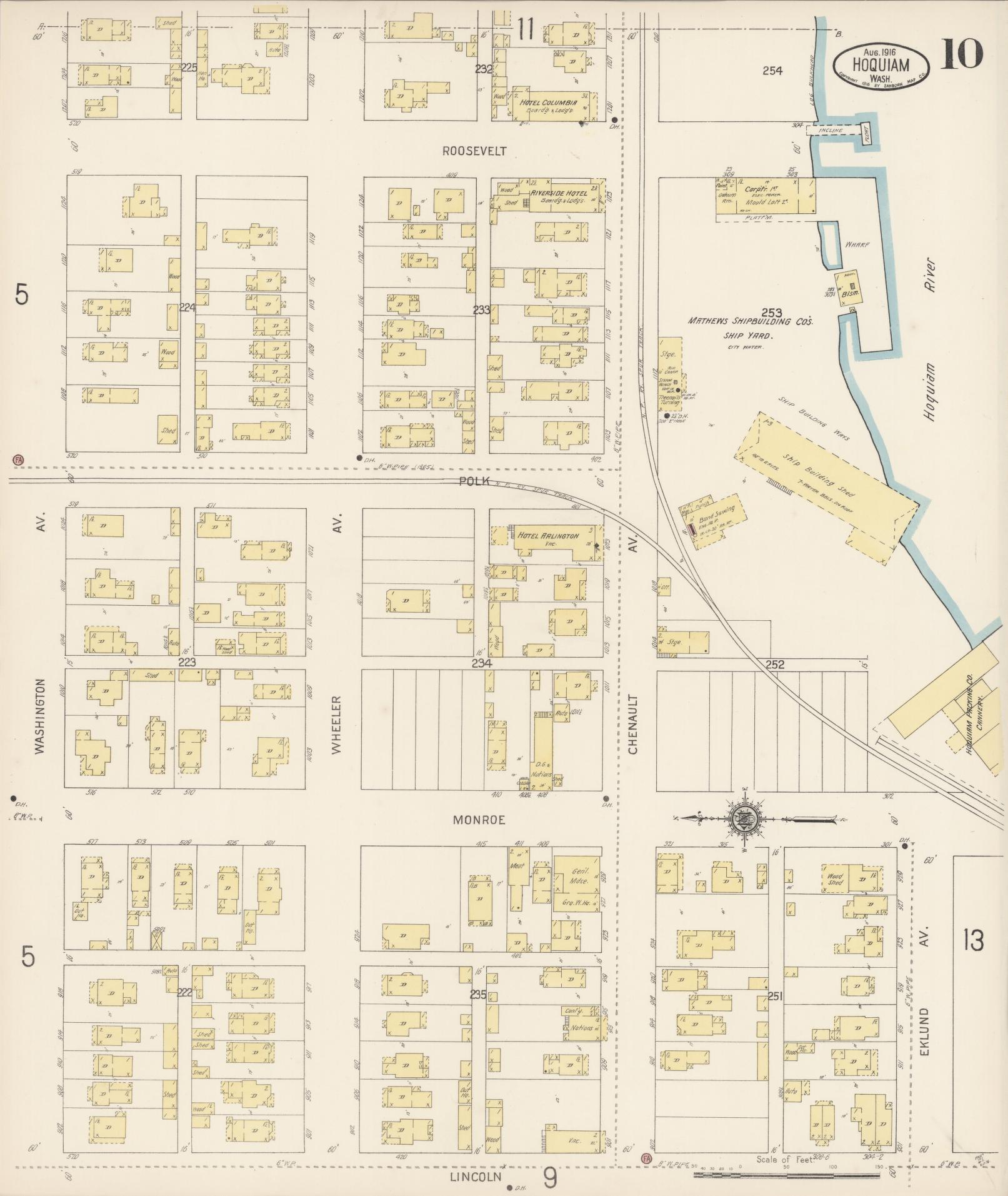 Sanborn Fire Insurance Map from Hoquiam, Grays Harbor County, Washington (1916), Sheet #0010 - Historic Sanborn Fire Insurance Map Print, vintage old map wall art, antique decor, genealogy gift, Washington Washington map