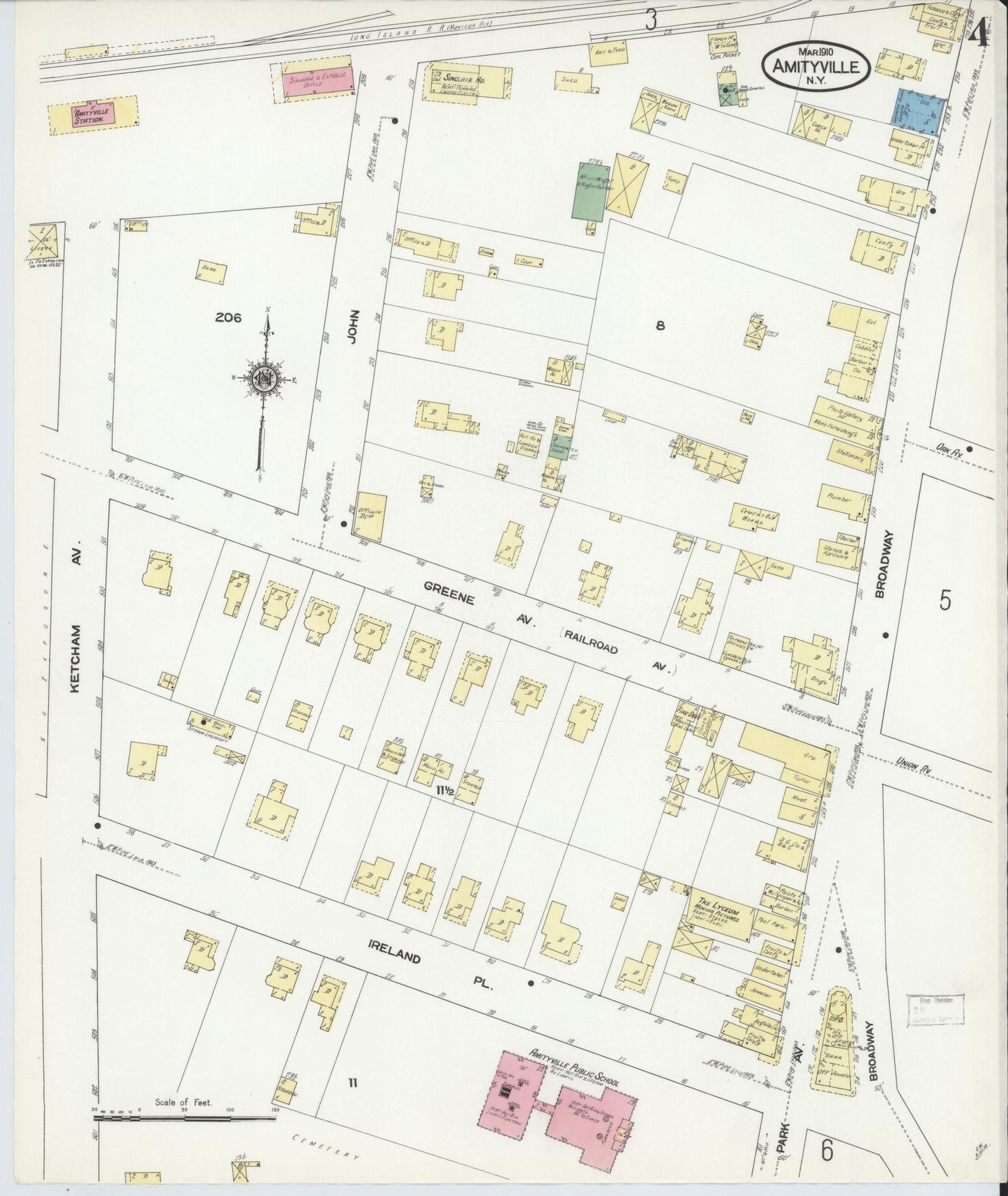 Sanborn Fire Insurance Map from Amityville, Suffolk County, New York (1910), Sheet #0004 - Historic Sanborn Fire Insurance Map Print, vintage old map wall art, antique decor, genealogy gift, New York New York map