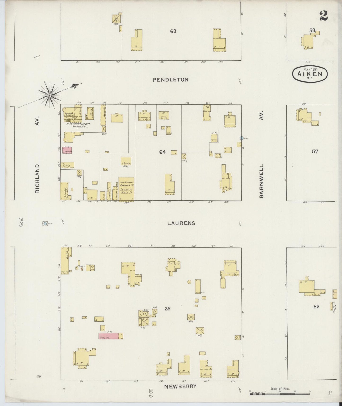 Sanborn Fire Insurance Map from Aiken, Aiken County, South Carolina (1894), Sheet #0002 - Complete Map Set gallery image, historic Sanborn map, vintage wall art, South Carolina South Carolina