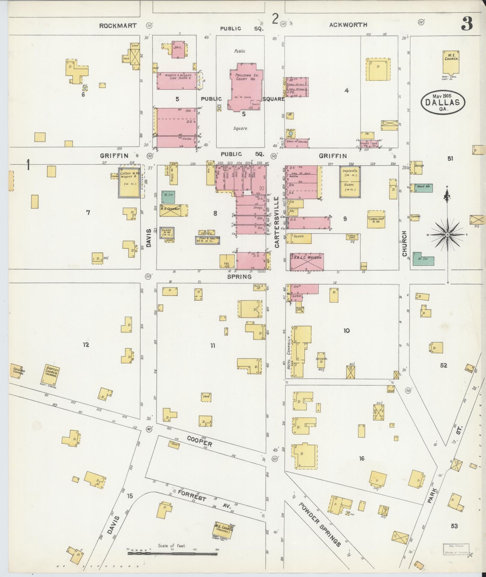 Sanborn Fire Insurance Map from Dallas, Paulding County, Georgia (1905), Sheet #0003 - Historic Sanborn Fire Insurance Map Print, vintage old map wall art, antique decor, genealogy gift, Georgia Georgia map