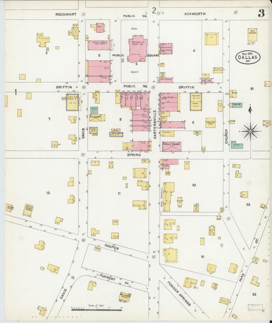 Sanborn Fire Insurance Map from Dallas, Paulding County, Georgia (1905), Sheet #0003 - Historic Sanborn Fire Insurance Map Print, vintage old map wall art, antique decor, genealogy gift, Georgia Georgia map