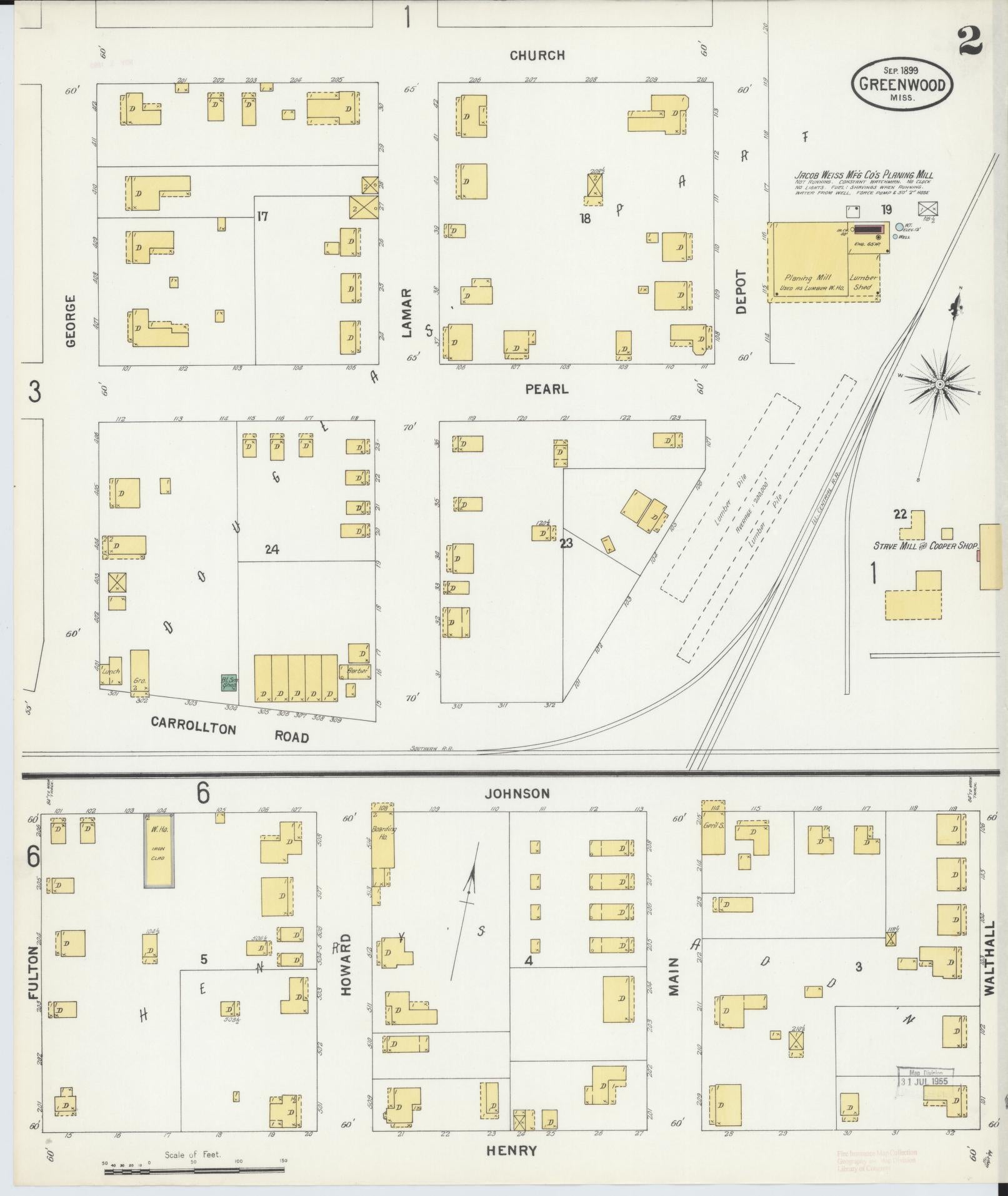 Sanborn Fire Insurance Map from Greenwood, Leflore County, Mississippi (1899), Sheet #0002 - Complete Map Set gallery image, historic Sanborn map, vintage wall art, Mississippi Mississippi
