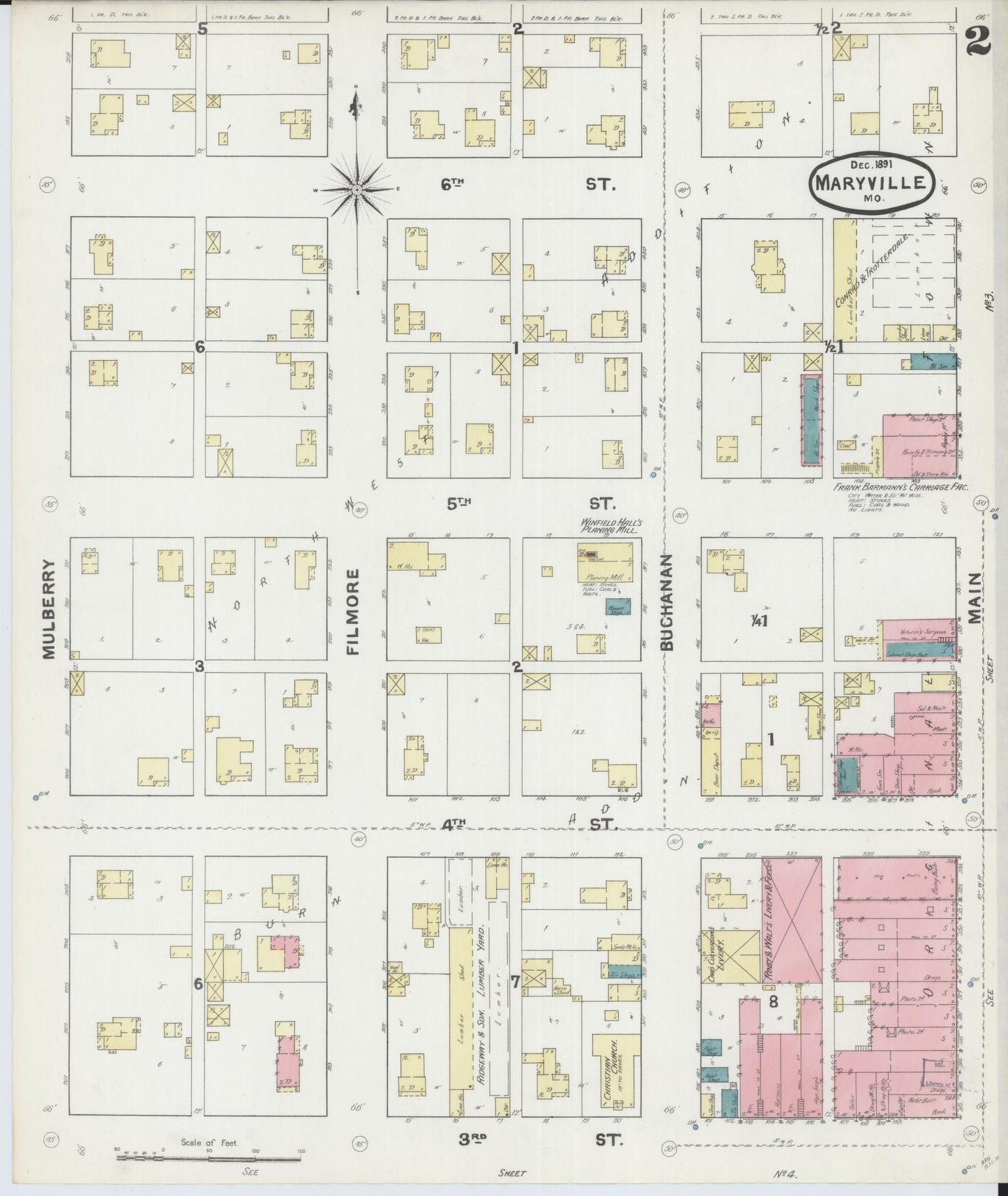 Sanborn Fire Insurance Map from Maryville, Nodaway County, Missouri (1891), Sheet #0002 - Historic Sanborn Fire Insurance Map Print, vintage old map wall art, antique decor, genealogy gift, Missouri Missouri map