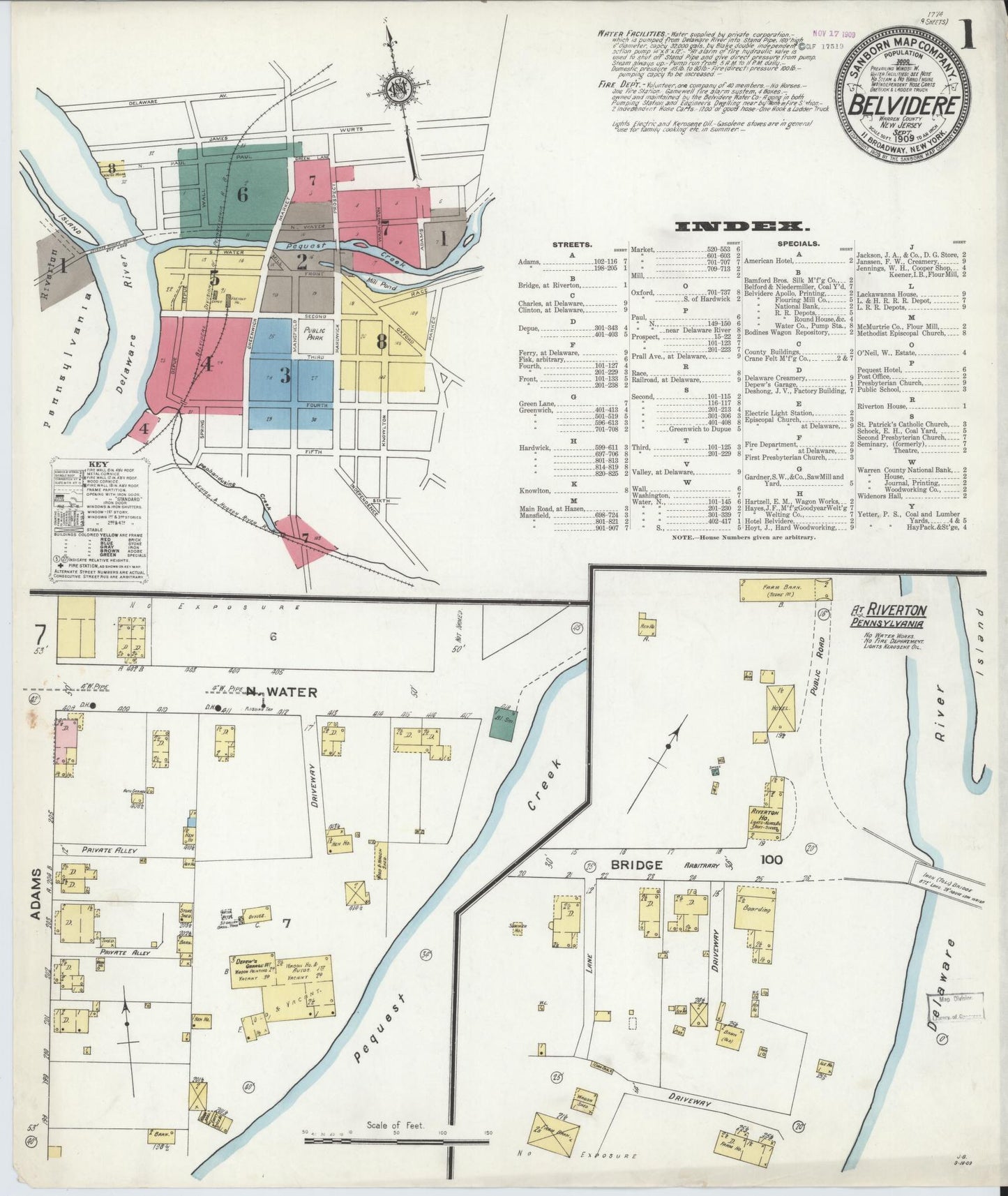 Sanborn Fire Insurance Map from Belvidere, Warren County, New Jersey (1909), Sheet #0001 - Historic Sanborn Fire Insurance Map Print, vintage old map wall art, antique decor, genealogy gift, Pennsylvania Pennsylvania map
