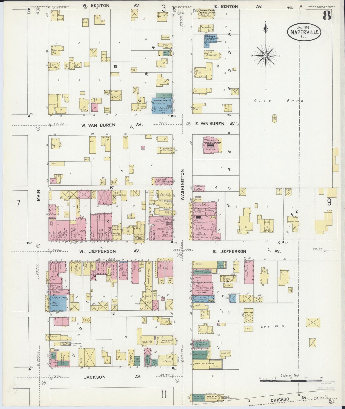 Sanborn Fire Insurance Map from Naperville, Du Page County, Illinois (1909), Sheet #0008 - Complete Map Set gallery image, historic Sanborn map, vintage wall art, Illinois Illinois