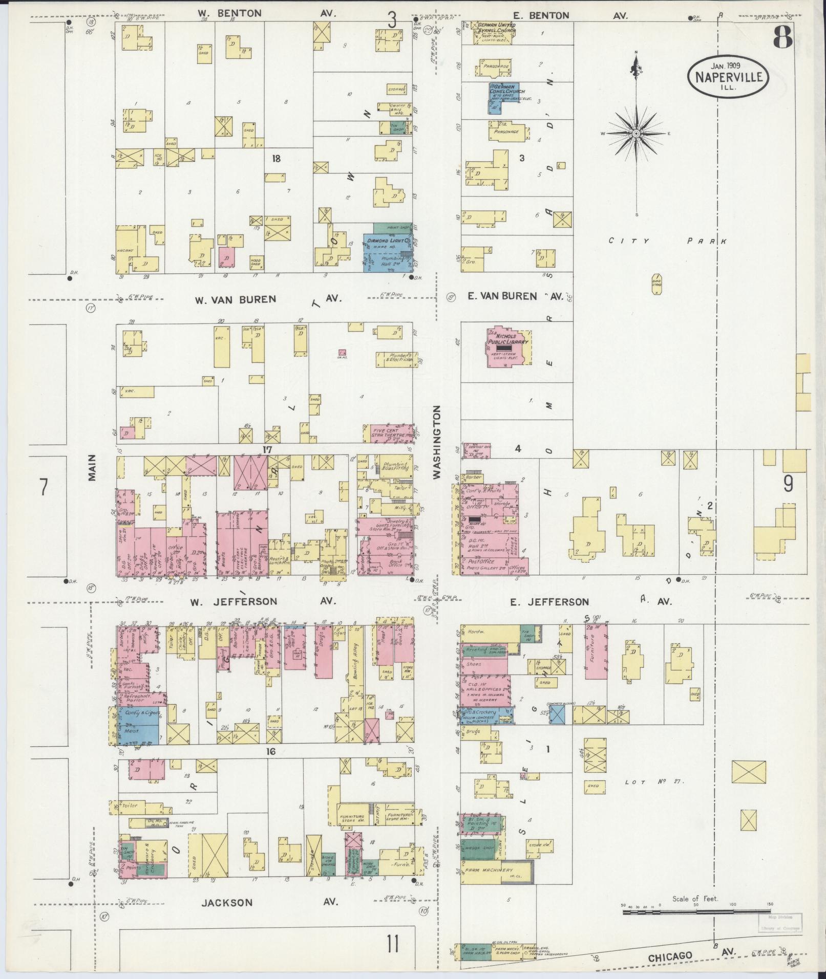 Sanborn Fire Insurance Map from Naperville, Du Page County, Illinois (1909), Sheet #0008 - Complete Map Set gallery image, historic Sanborn map, vintage wall art, Illinois Illinois