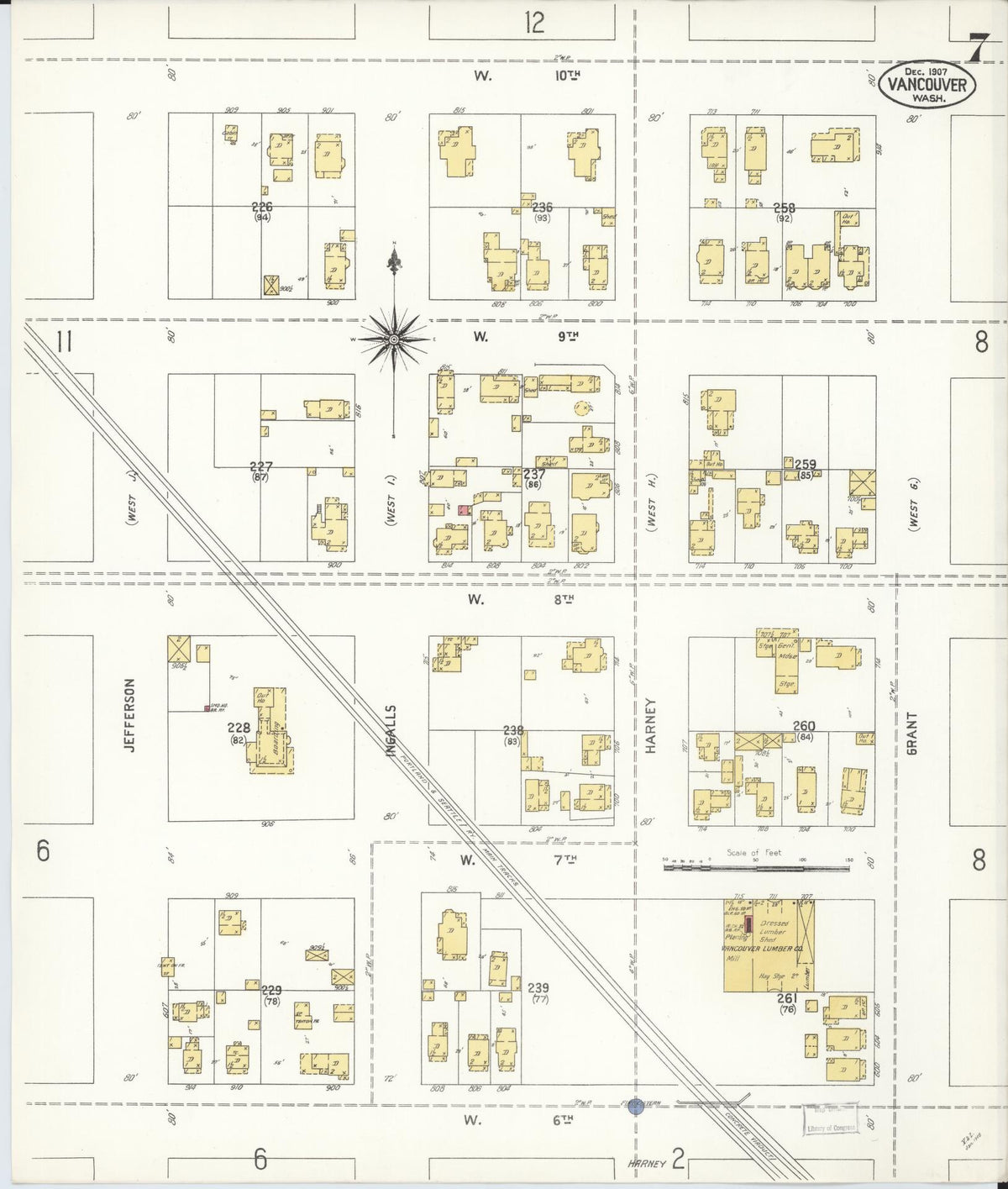 Sanborn Fire Insurance Map from Vancouver, Clark County, Washington (1907), Sheet #0007 - Historic Sanborn Fire Insurance Map Print, vintage old map wall art, antique decor, genealogy gift, Washington Washington map