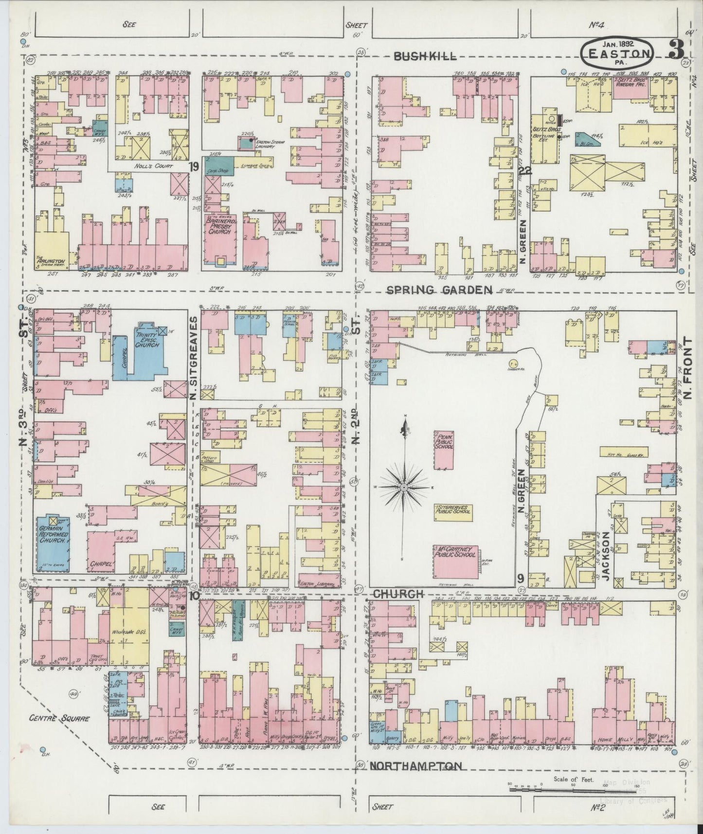 Sanborn Fire Insurance Map from Easton, Northampton County, Pennsylvania (1892), Sheet #0003 - Historic Sanborn Fire Insurance Map Print, vintage old map wall art, antique decor, genealogy gift, Pennsylvania Pennsylvania map