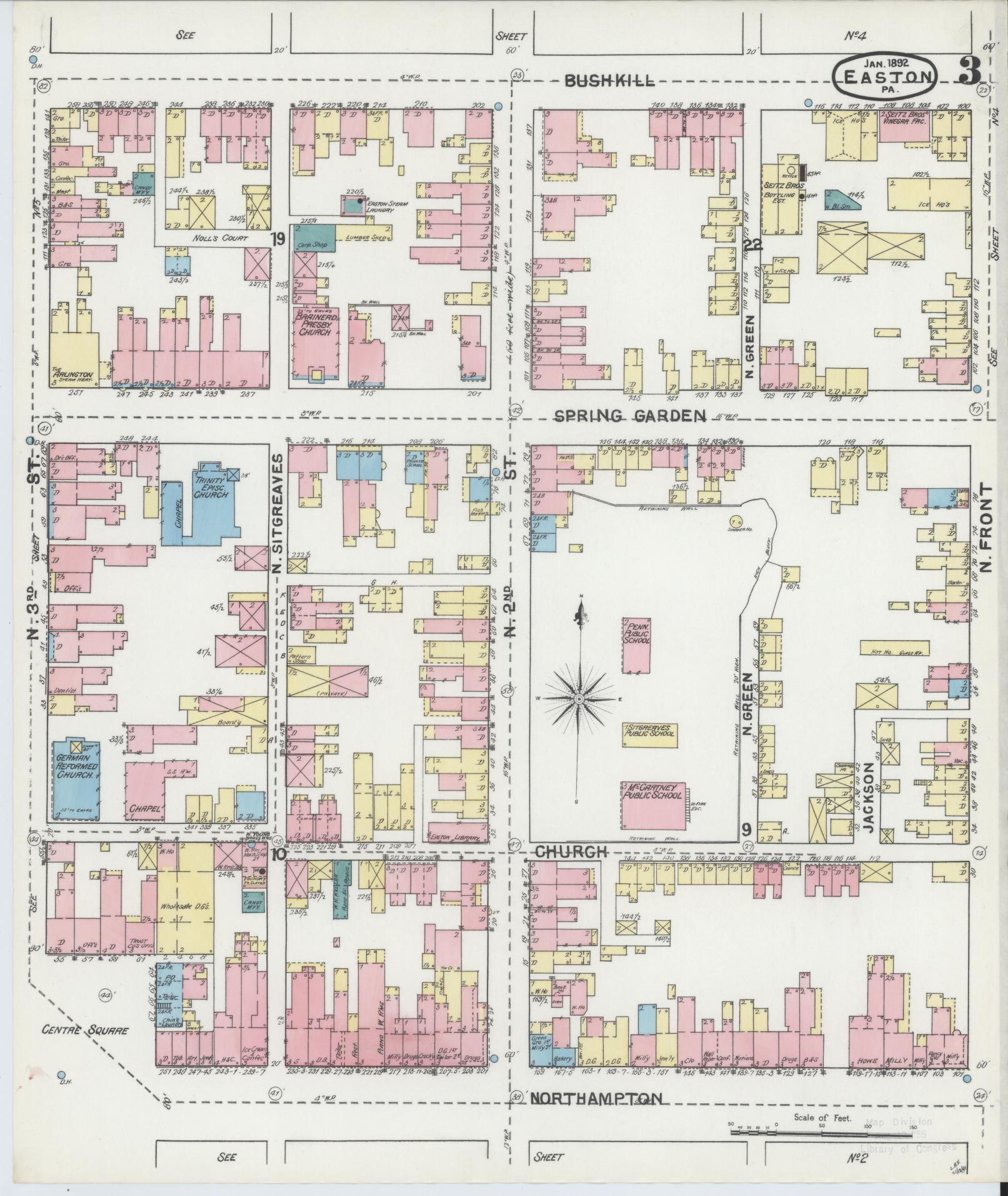 Sanborn Fire Insurance Map from Easton, Northampton County, Pennsylvania (1892), Sheet #0003 - Historic Sanborn Fire Insurance Map Print, vintage old map wall art, antique decor, genealogy gift, Pennsylvania Pennsylvania map
