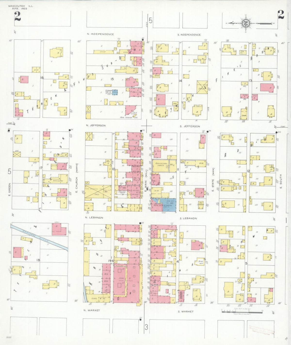 Sanborn Fire Insurance Map from Mascoutah, Saint Clair County, Illinois (1933), Sheet #0002 - Complete Map Set gallery image, historic Sanborn map, vintage wall art, Illinois Illinois
