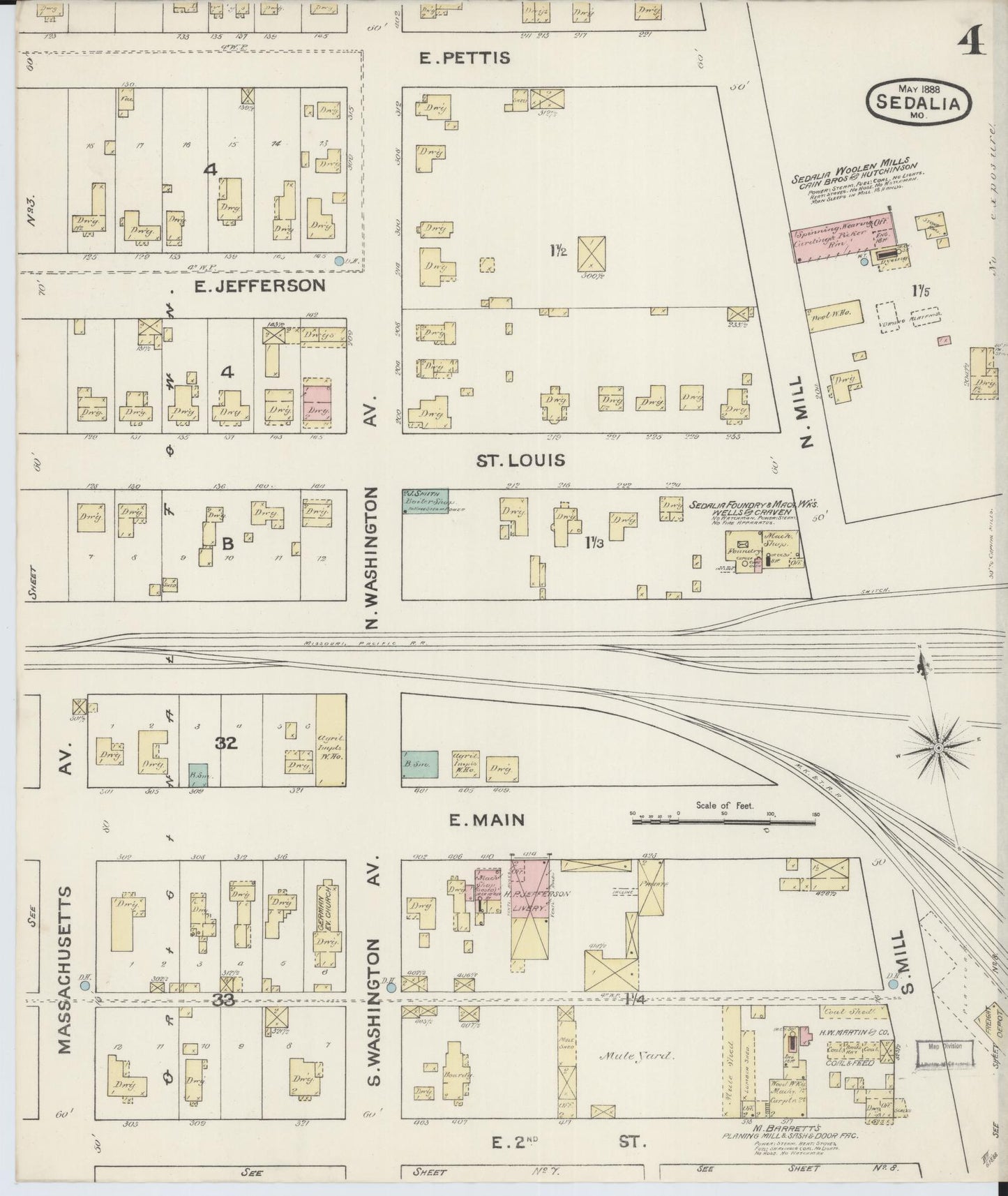 Sanborn Fire Insurance Map from Sedalia, Pettis County, Missouri (1888), Sheet #0004 - Complete Map Set gallery image, historic Sanborn map, vintage wall art, Missouri Missouri