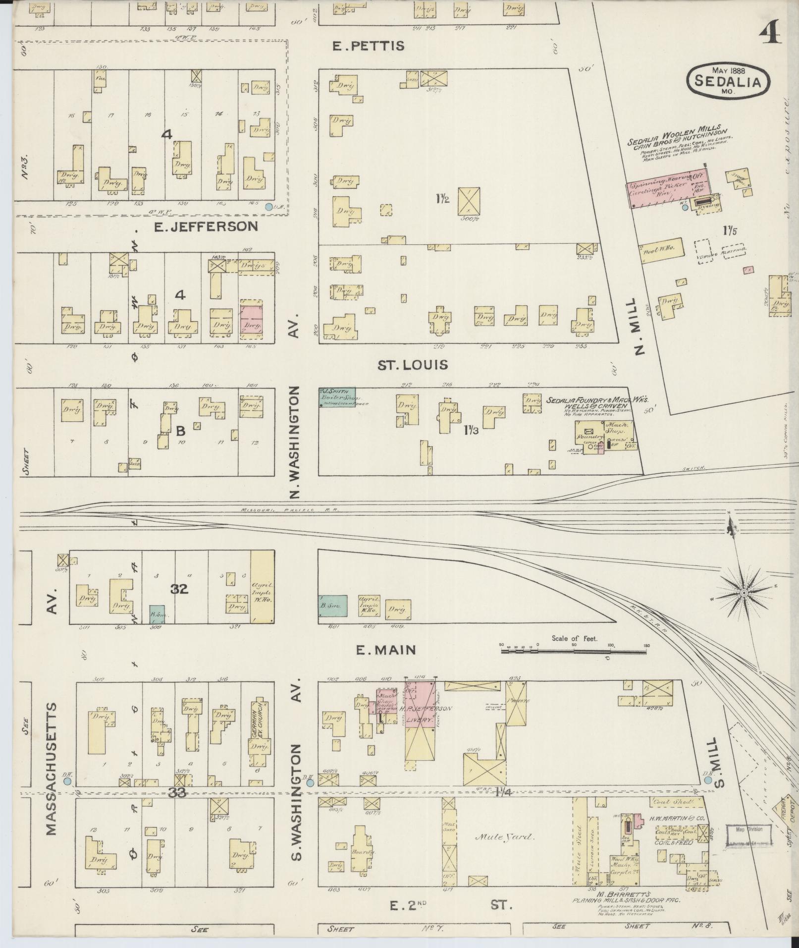 Sanborn Fire Insurance Map from Sedalia, Pettis County, Missouri (1888), Sheet #0004 - Complete Map Set gallery image, historic Sanborn map, vintage wall art, Missouri Missouri