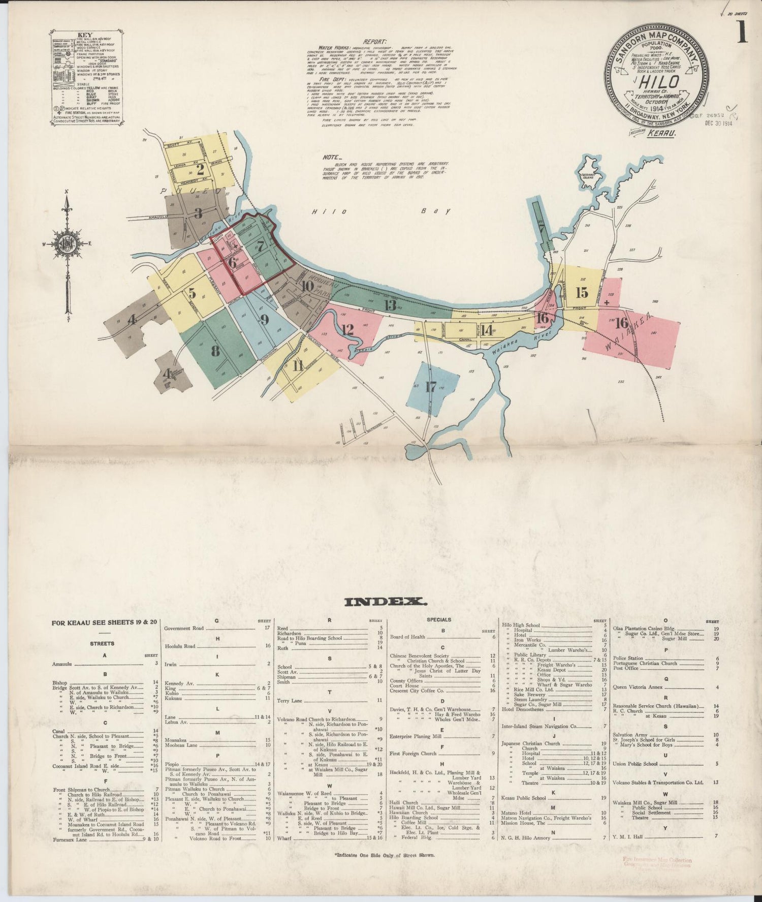 Sanborn Fire Insurance Map from Hilo, Hawaii County, Hawaii (1914), Sheet #0001 - Historic Sanborn Fire Insurance Map Print, vintage old map wall art