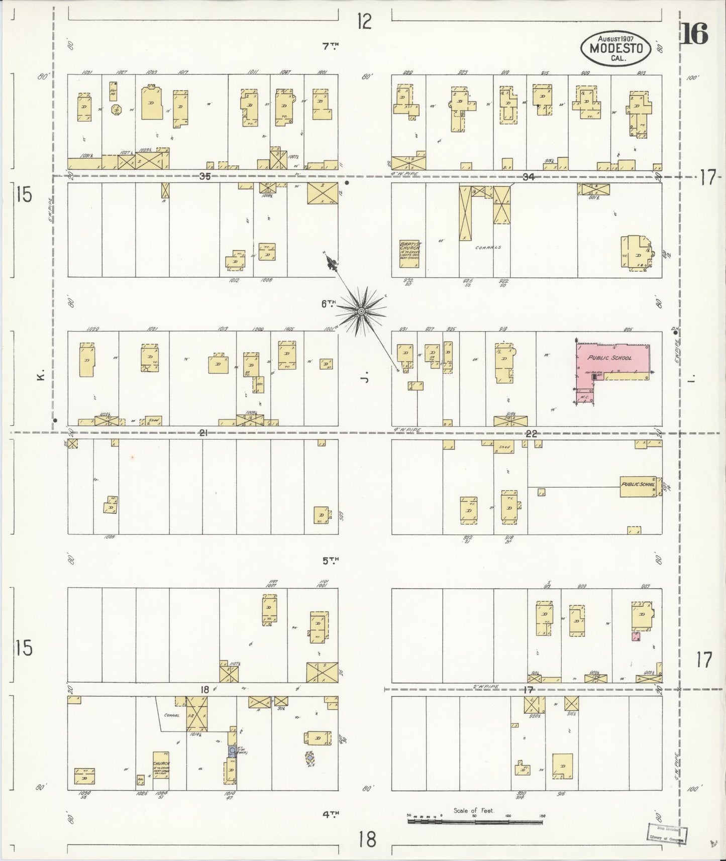 Sanborn Fire Insurance Map from Modesto, Stanislaus County, California (1907), Sheet #0016 - Complete Map Set gallery image, historic Sanborn map, vintage wall art, California California