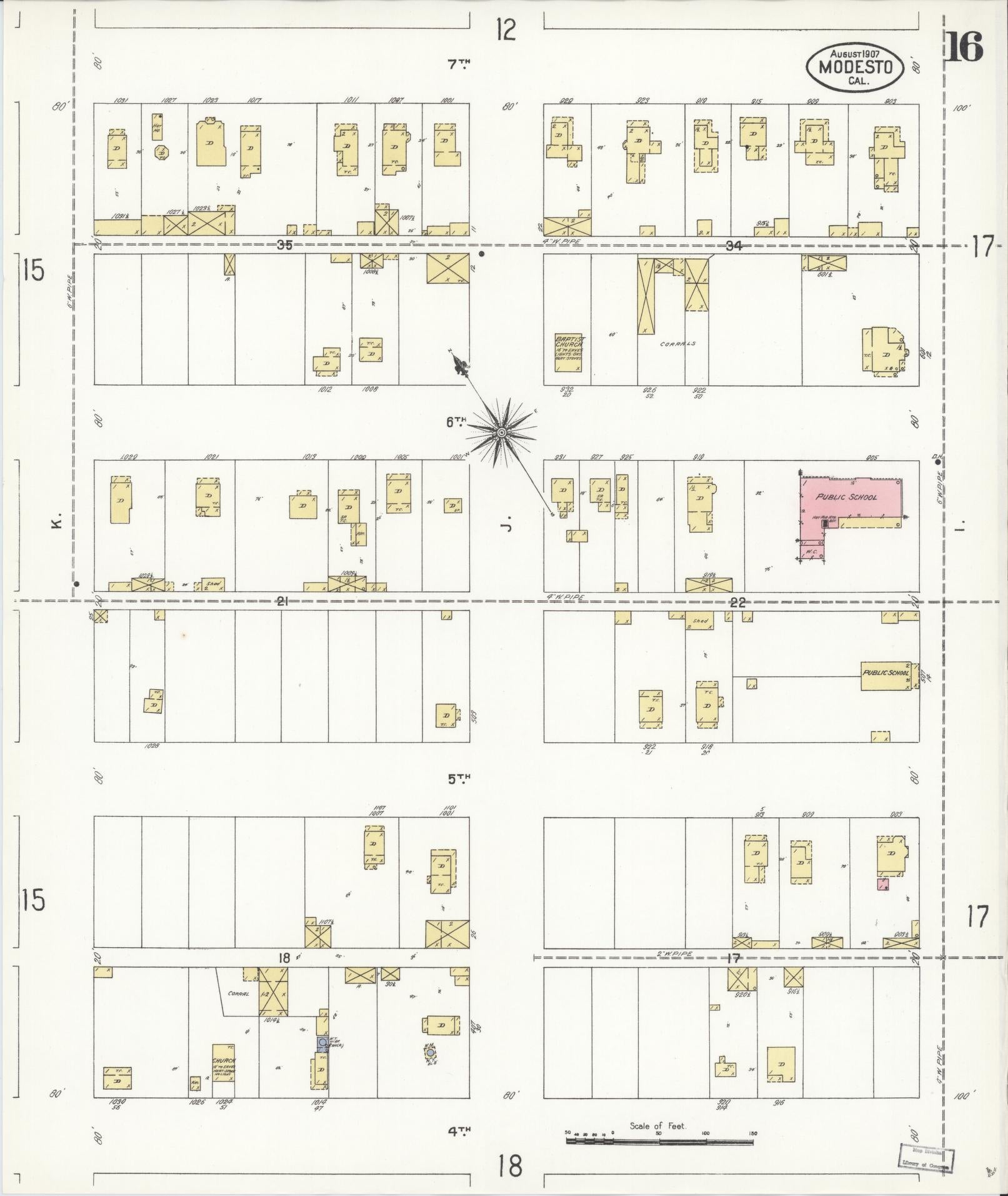 Sanborn Fire Insurance Map from Modesto, Stanislaus County, California (1907), Sheet #0016 - Complete Map Set gallery image, historic Sanborn map, vintage wall art, California California