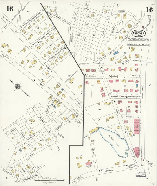 Sanborn Fire Insurance Map from Andover, Essex County, Massachusetts (1923), Sheet #0016 - Historic Sanborn Fire Insurance Map Print, vintage old map wall art, antique decor, genealogy gift, Massachusetts Massachusetts map