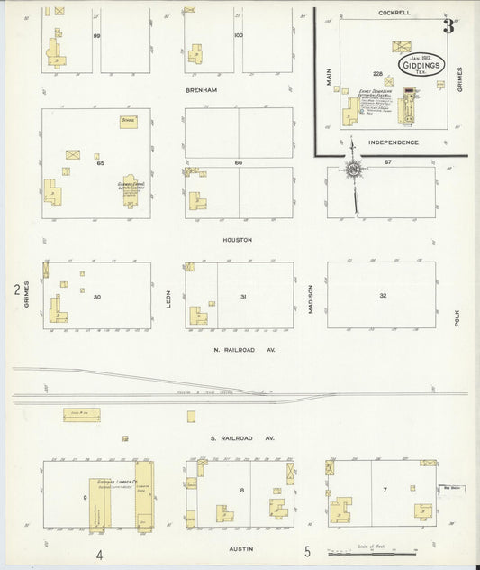 Sanborn Fire Insurance Map from Giddings, Lee County, Texas (1912), Sheet #0003 - Historic Sanborn Fire Insurance Map Print, vintage old map wall art, antique decor, genealogy gift, Texas Texas map