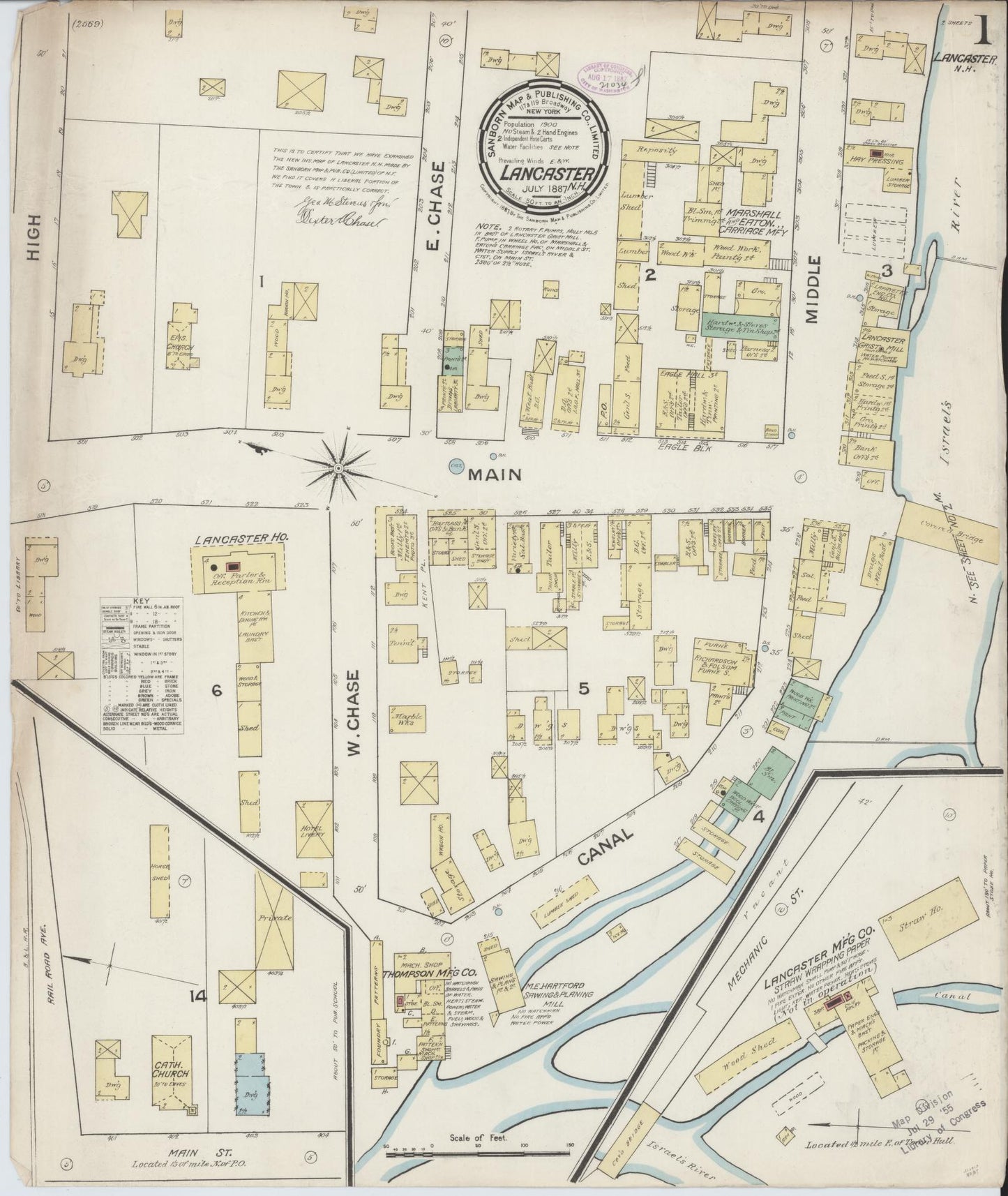 Sanborn Fire Insurance Map from Lancaster, Coos County, New Hampshire (1887), Sheet #0001 - Historic Sanborn Fire Insurance Map Print, vintage old map wall art, antique decor, genealogy gift, New Hampshire New Hampshire map