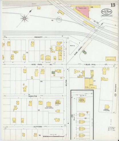 Sanborn Fire Insurance Map from Hyde Park, Norfolk County, Massachusetts (1900), Sheet #0013 - Complete Map Set gallery image, historic Sanborn map, vintage wall art, Massachusetts Massachusetts