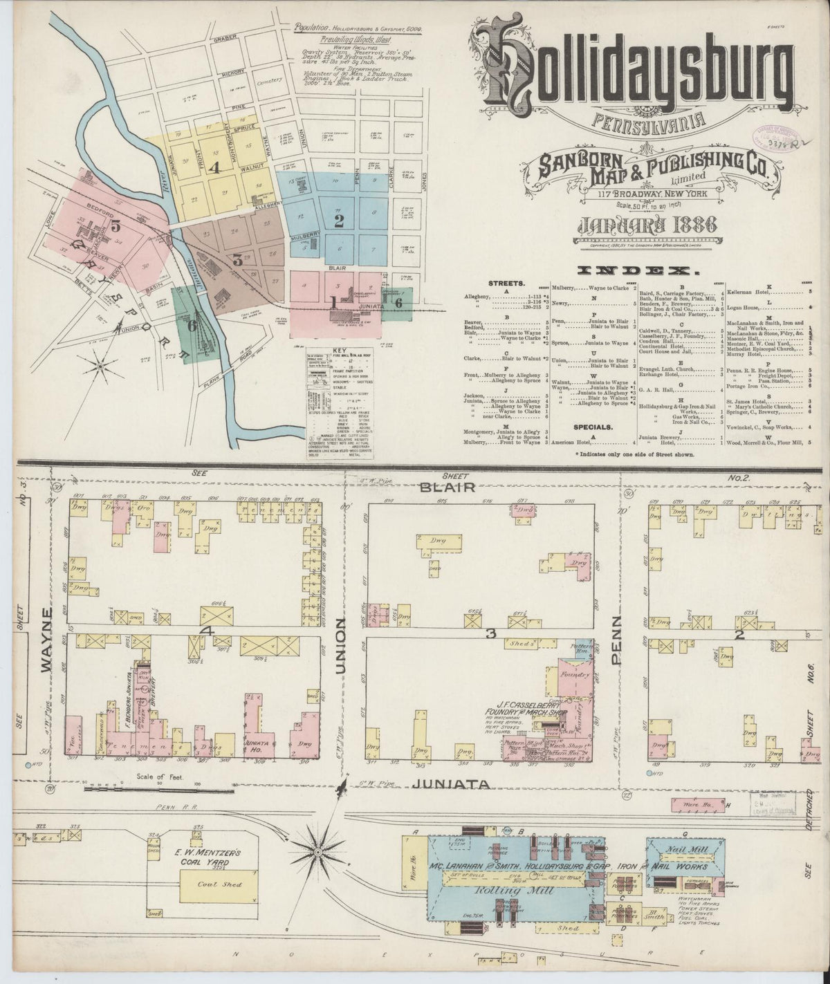 Sanborn Fire Insurance Map from Hollidaysburg, Blair County, Pennsylvania (1886), Sheet #0001 - Historic Sanborn Fire Insurance Map Print, vintage old map wall art, antique decor, genealogy gift, Pennsylvania Pennsylvania map