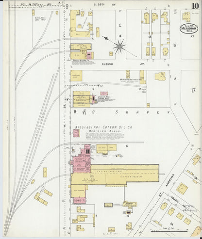 Sanborn Fire Insurance Map from Meridian, Lauderdale County, Mississippi (1906), Sheet #0010 - Complete Map Set gallery image, historic Sanborn map, vintage wall art, Mississippi Mississippi