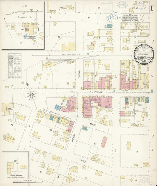 Sanborn Fire Insurance Map from Jacksonville, Jackson County, Oregon (1898), Sheet #0001 - Historic Sanborn Fire Insurance Map Print, vintage old map wall art, antique decor, genealogy gift, Oregon Oregon map