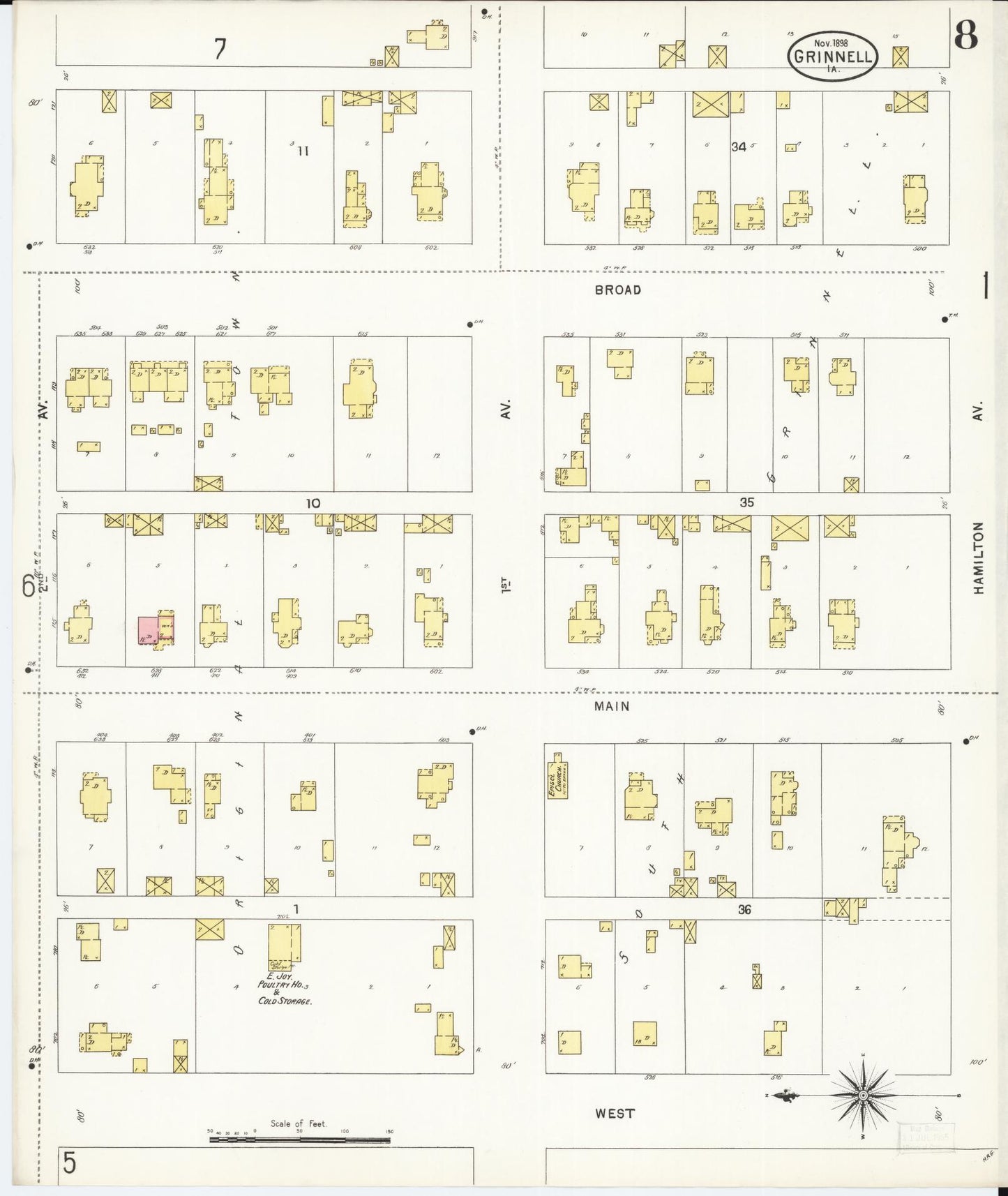 Sanborn Fire Insurance Map from Grinnell, Poweshiek County, Iowa (1898), Sheet #0008 - Historic Sanborn Fire Insurance Map Print, vintage old map wall art