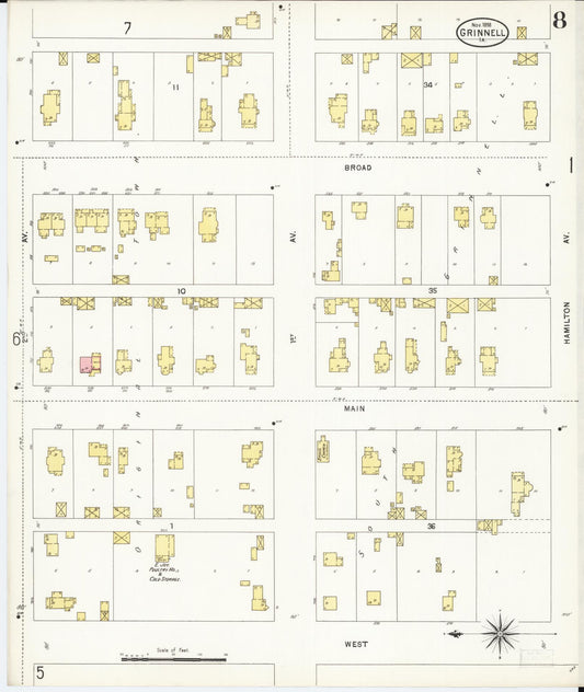 Sanborn Fire Insurance Map from Grinnell, Poweshiek County, Iowa (1898), Sheet #0008 - Historic Sanborn Fire Insurance Map Print, vintage old map wall art