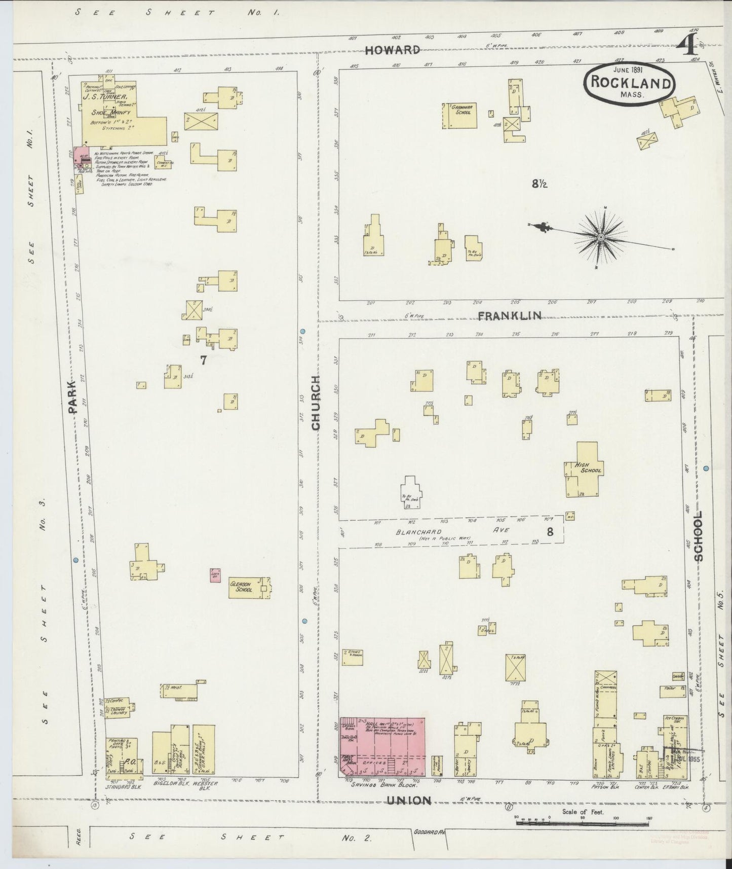Sanborn Fire Insurance Map from Rockland, Plymouth County, Massachusetts (1891), Sheet #0004 - Historic Sanborn Fire Insurance Map Print, vintage old map wall art, antique decor, genealogy gift, Massachusetts Massachusetts map