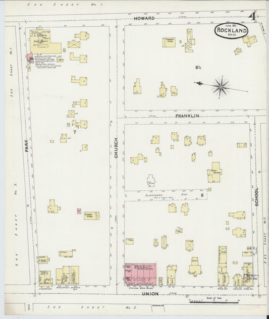 Sanborn Fire Insurance Map from Rockland, Plymouth County, Massachusetts (1891), Sheet #0004 - Historic Sanborn Fire Insurance Map Print, vintage old map wall art, antique decor, genealogy gift, Massachusetts Massachusetts map