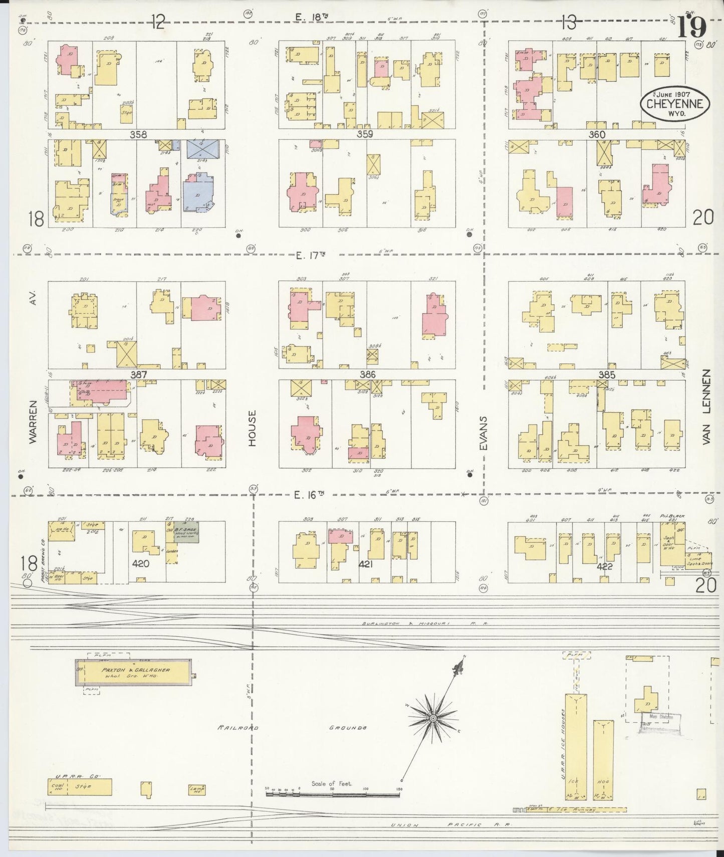 Sanborn Fire Insurance Map from Cheyenne, Laramie County, Wyoming (1907), Sheet #0019 - Complete Map Set gallery image, historic Sanborn map, vintage wall art, Wyoming Wyoming