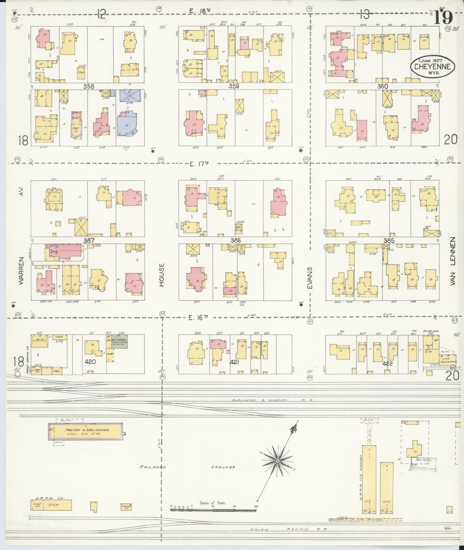 Sanborn Fire Insurance Map from Cheyenne, Laramie County, Wyoming (1907), Sheet #0019 - Complete Map Set gallery image, historic Sanborn map, vintage wall art, Wyoming Wyoming