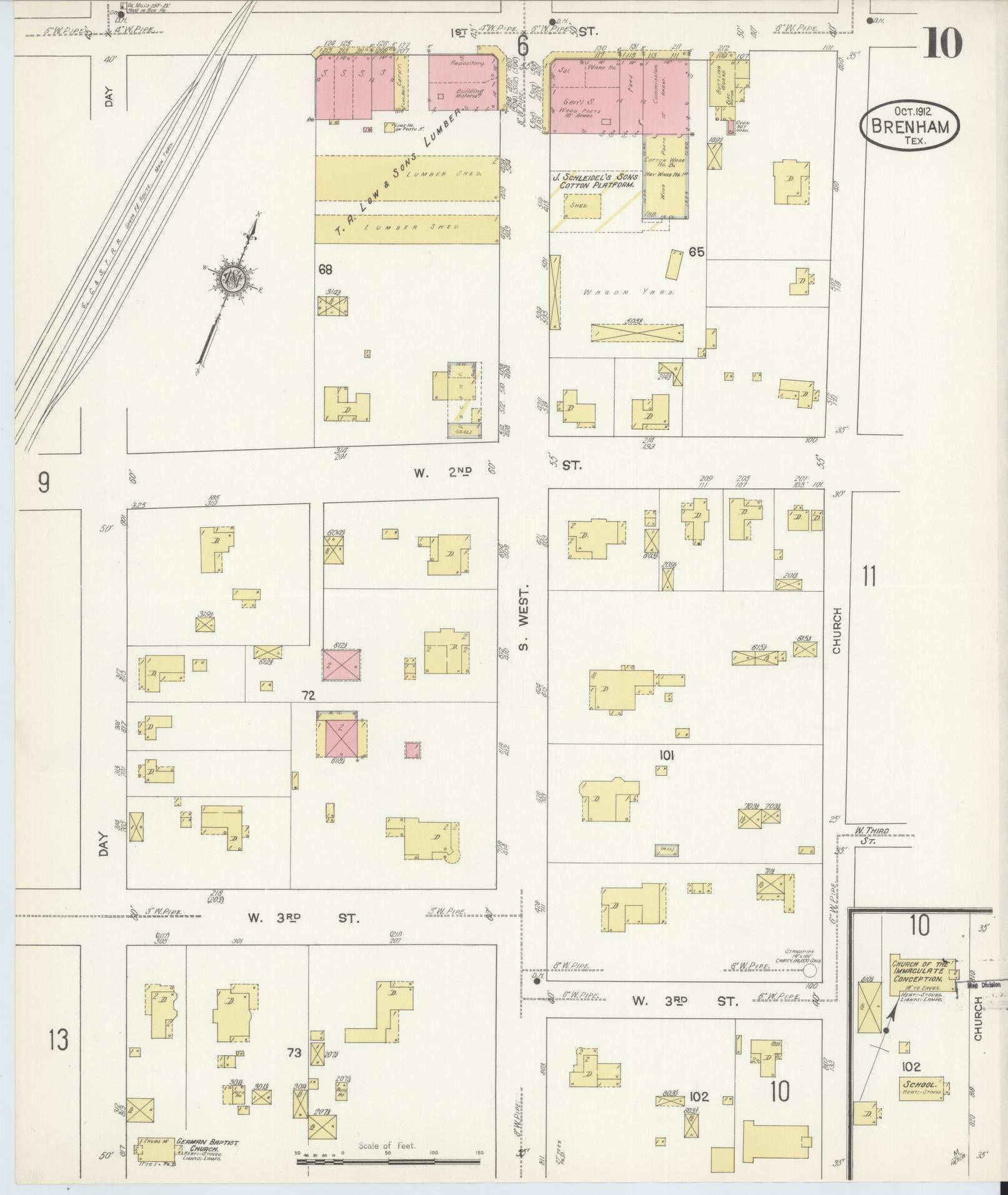 Sanborn Fire Insurance Map from Brenham, Washington County, Texas (1912), Sheet #0010 - Historic Sanborn Fire Insurance Map Print, vintage old map wall art, antique decor, genealogy gift, Texas Texas map