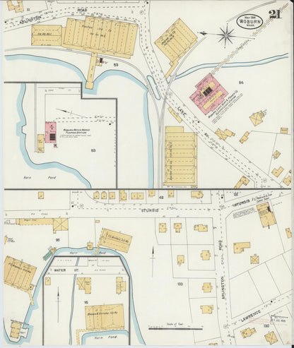 Sanborn Fire Insurance Map from Woburn, Middlesex County, Massachusetts (1904), Sheet #0021 - Historic Sanborn Fire Insurance Map Print, vintage old map wall art, antique decor, genealogy gift, Massachusetts Massachusetts map