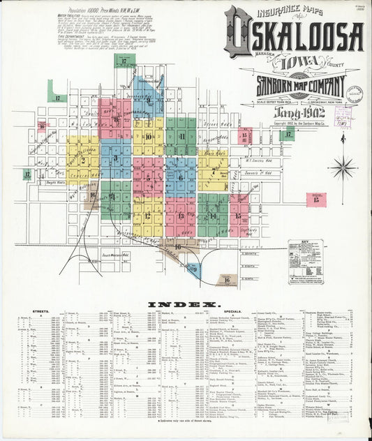 Sanborn Fire Insurance Map from Oskaloosa, Mahaska County, Iowa (1902), Sheet #0001 - Historic Sanborn Fire Insurance Map Print, vintage old map wall art