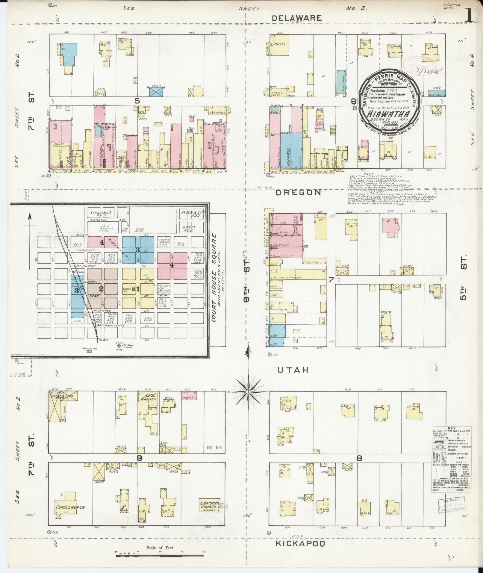 Sanborn Fire Insurance Map from Hiawatha, Brown County, Kansas (1891), Sheet #0001 - Historic Sanborn Fire Insurance Map Print, vintage old map wall art, antique decor, genealogy gift, Kansas Kansas map
