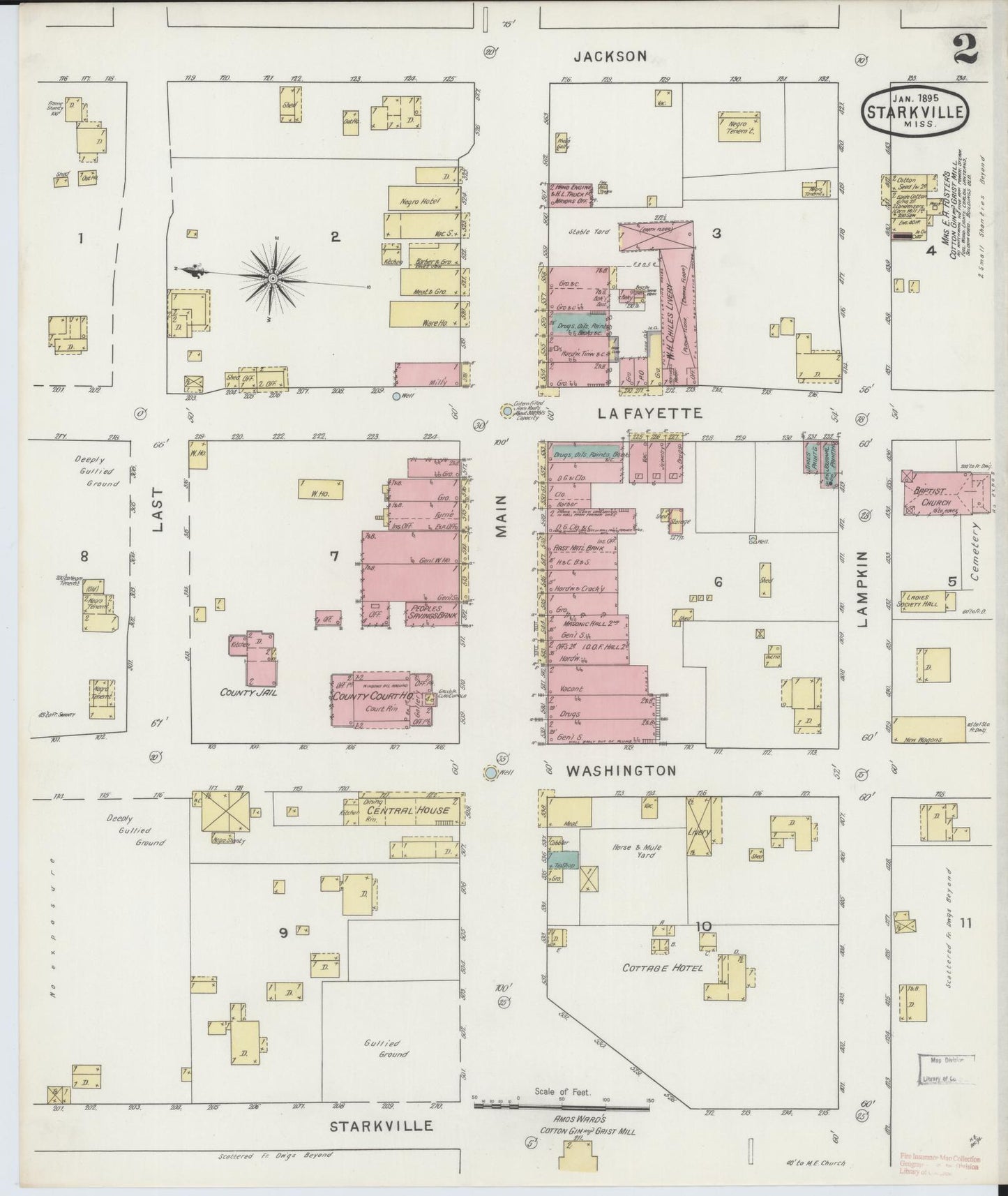 Sanborn Fire Insurance Map from Starkville, Oktibbeha County, Mississippi (1895), Sheet #0002 - Complete Map Set gallery image, historic Sanborn map, vintage wall art, Mississippi Mississippi