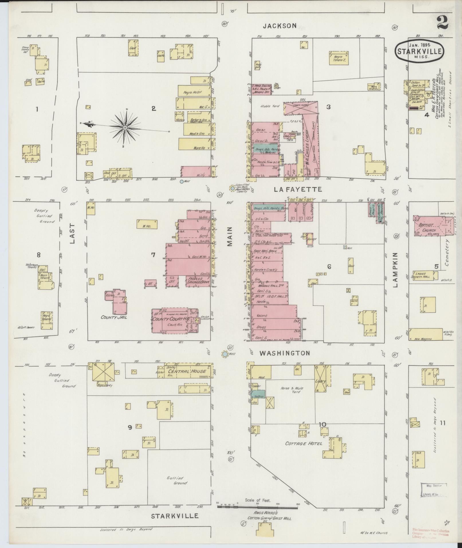 Sanborn Fire Insurance Map from Starkville, Oktibbeha County, Mississippi (1895), Sheet #0002 - Complete Map Set gallery image, historic Sanborn map, vintage wall art, Mississippi Mississippi