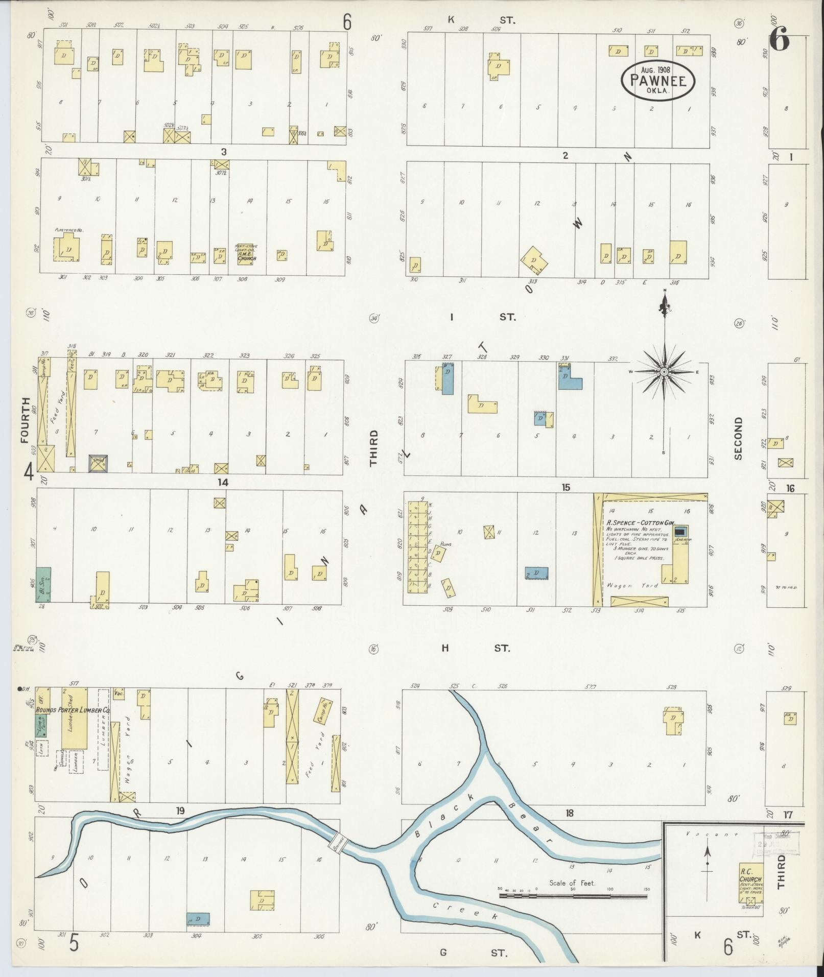 Sanborn Fire Insurance Map from Pawnee, Pawnee County, Oklahoma (1908), Sheet #0006 - Historic Sanborn Fire Insurance Map Print, vintage old map wall art, antique decor, genealogy gift, Oklahoma Oklahoma map