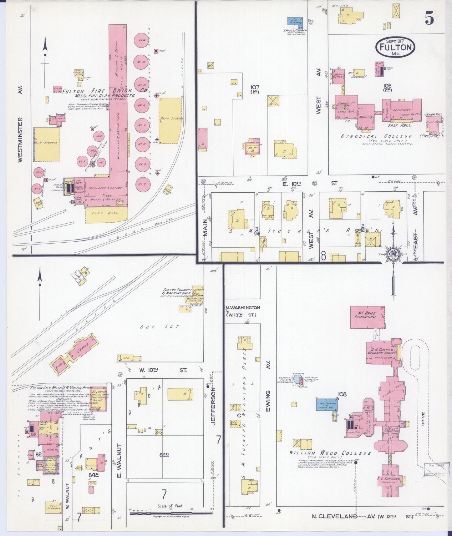 Sanborn Fire Insurance Map from Fulton, Callaway County, Missouri (1917), Sheet #0005 - Historic Sanborn Fire Insurance Map Print, vintage old map wall art, antique decor, genealogy gift, Missouri Missouri map