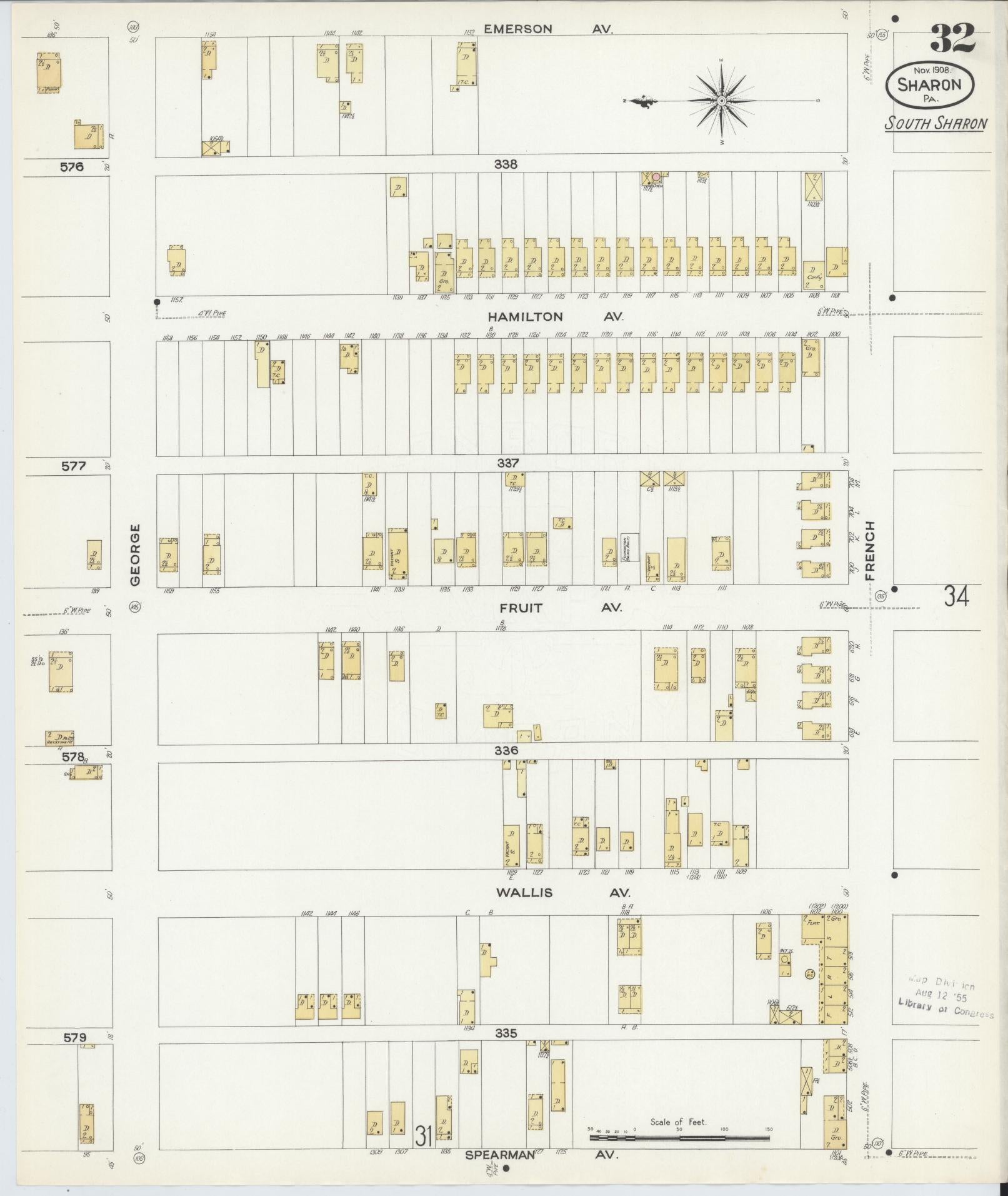 Sanborn Fire Insurance Map from Sharon, Mercer County, Pennsylvania (1908), Sheet #0032 - Complete Map Set gallery image, historic Sanborn map, vintage wall art, Pennsylvania Pennsylvania