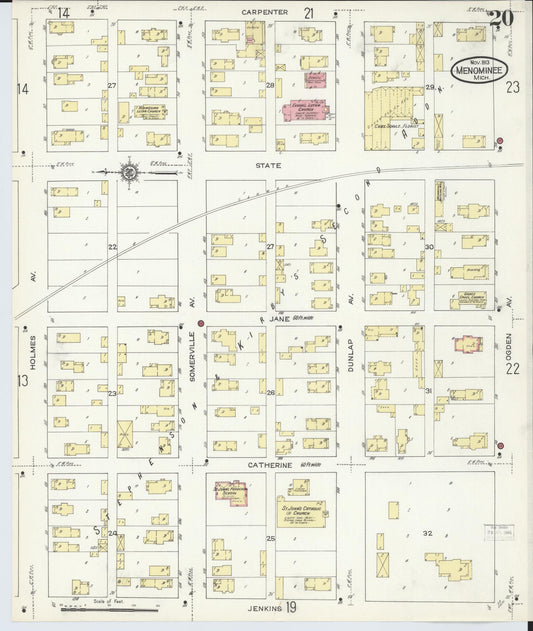 Sanborn Fire Insurance Map from Menominee, Menominee County, Michigan (1913), Sheet #0020 - Historic Sanborn Fire Insurance Map Print, vintage old map wall art, antique decor, genealogy gift, Michigan Michigan map