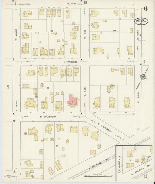 Sanborn Fire Insurance Map from Wilson, Wilson County, North Carolina (1913), Sheet #0006 - Historic Sanborn Fire Insurance Map Print, vintage old map wall art, antique decor, genealogy gift, North Carolina North Carolina map
