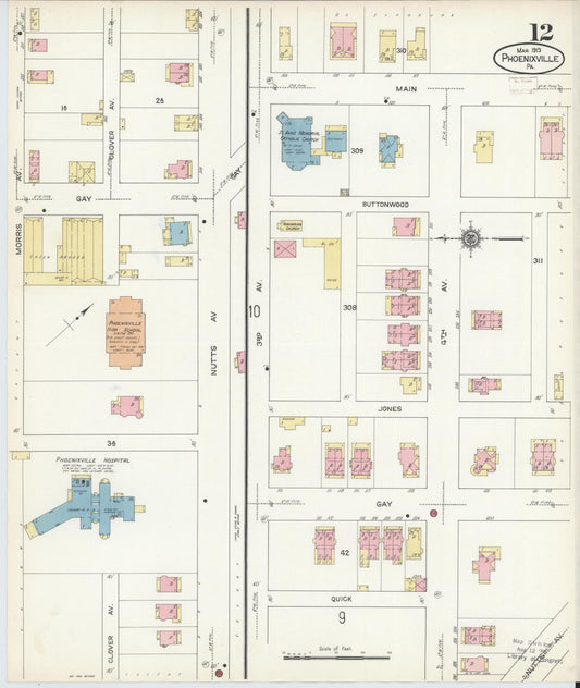 Sanborn Fire Insurance Map from Phoenixville, Chester County, Pennsylvania (1913), Sheet #0012 - Historic Sanborn Fire Insurance Map Print, vintage old map wall art, antique decor, genealogy gift, Pennsylvania Pennsylvania map