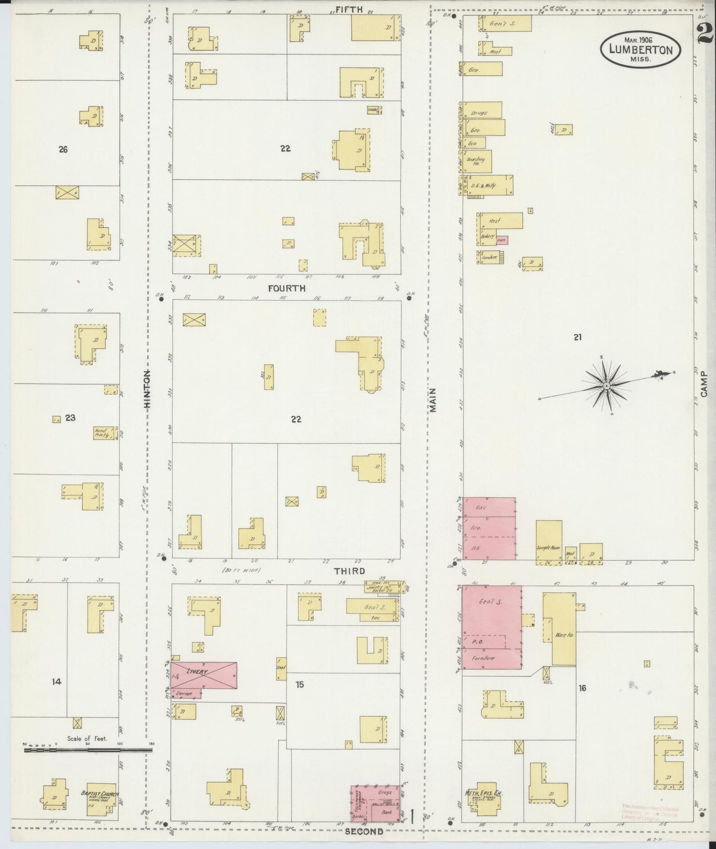 Sanborn Fire Insurance Map from Lumberton, Lamar County, Mississippi (1906), Sheet #0002 - Historic Sanborn Fire Insurance Map Print, vintage old map wall art, antique decor, genealogy gift, Mississippi Mississippi map